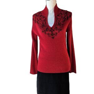 Dress Barn Sweater Beaded Top Red Black Size M
